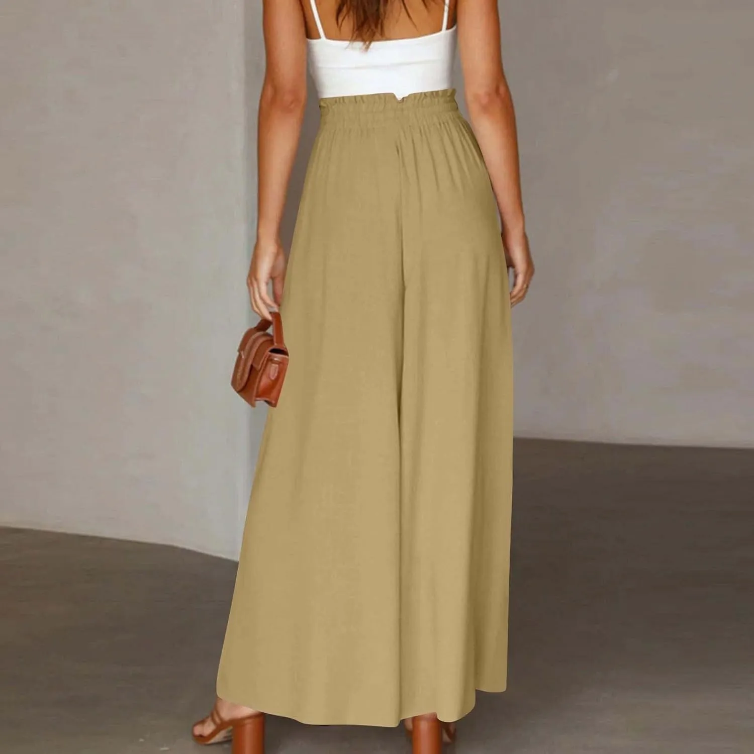 Palooza Wide Leg Pants Women Elastic Waisted Chiffon Baggy Flowy Long Lounge Trousers Beach Vacation Pant with Pockets