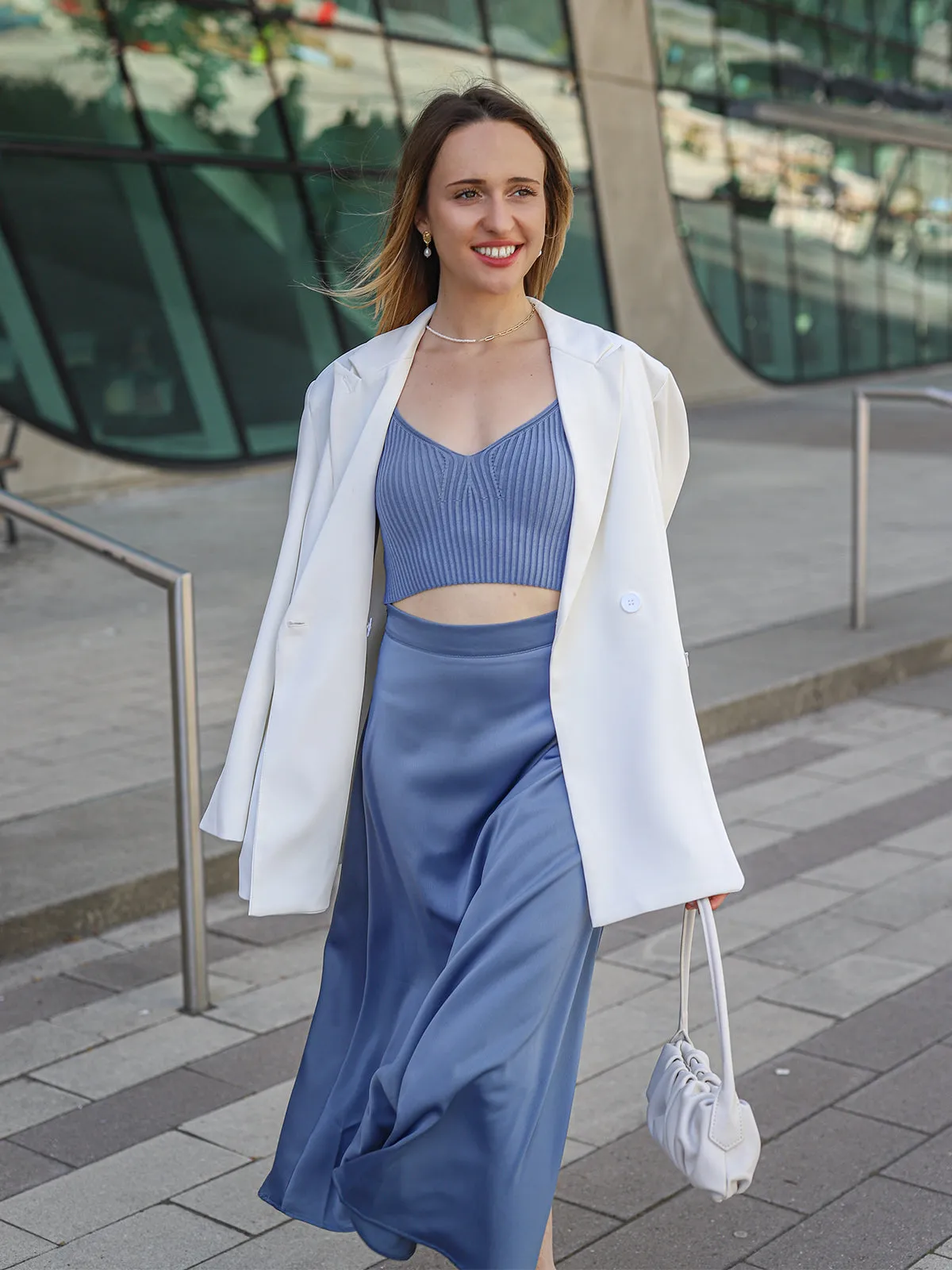 Satin High-Waist Midi Skirt - Blue