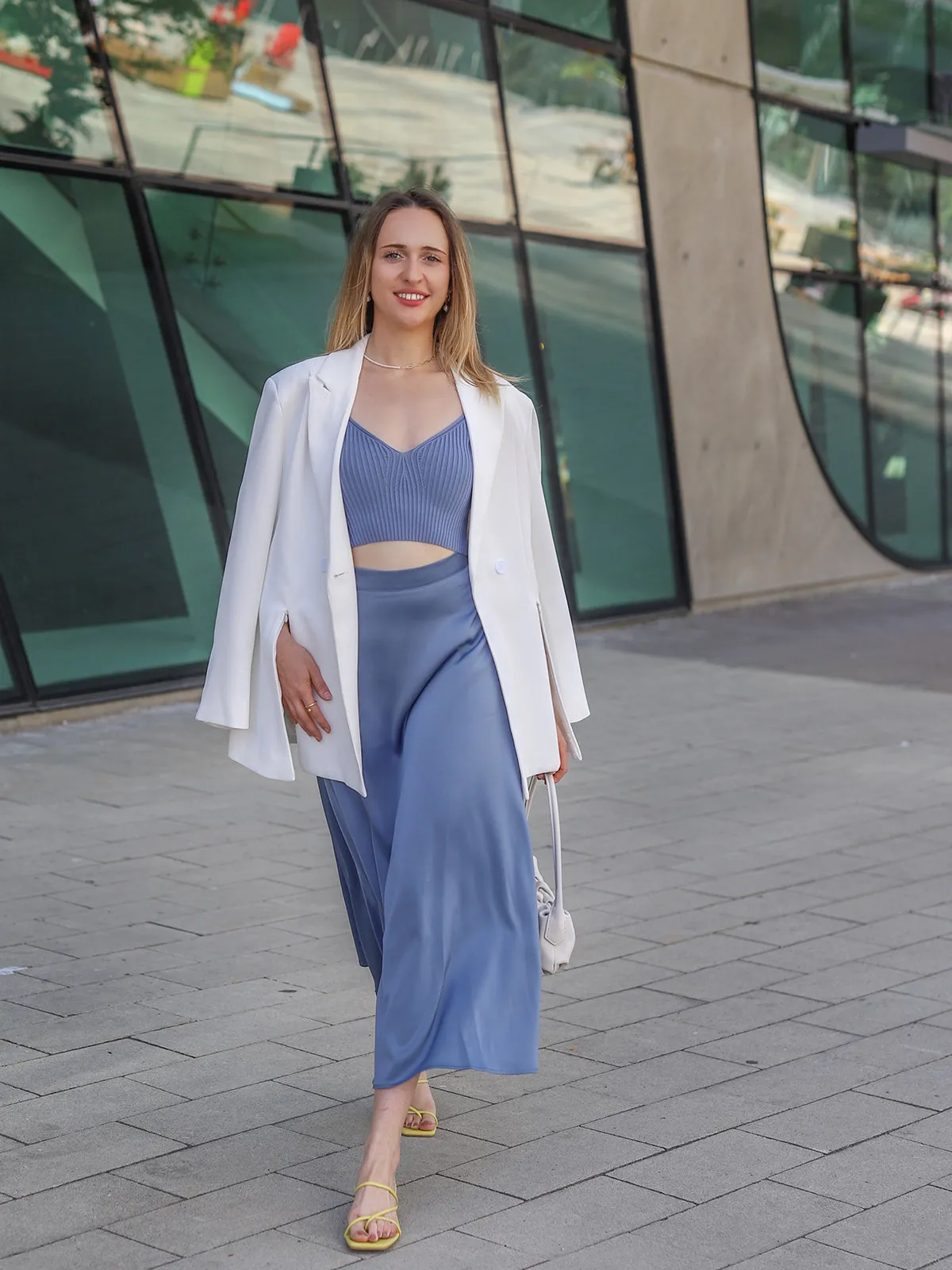 Satin High-Waist Midi Skirt - Blue