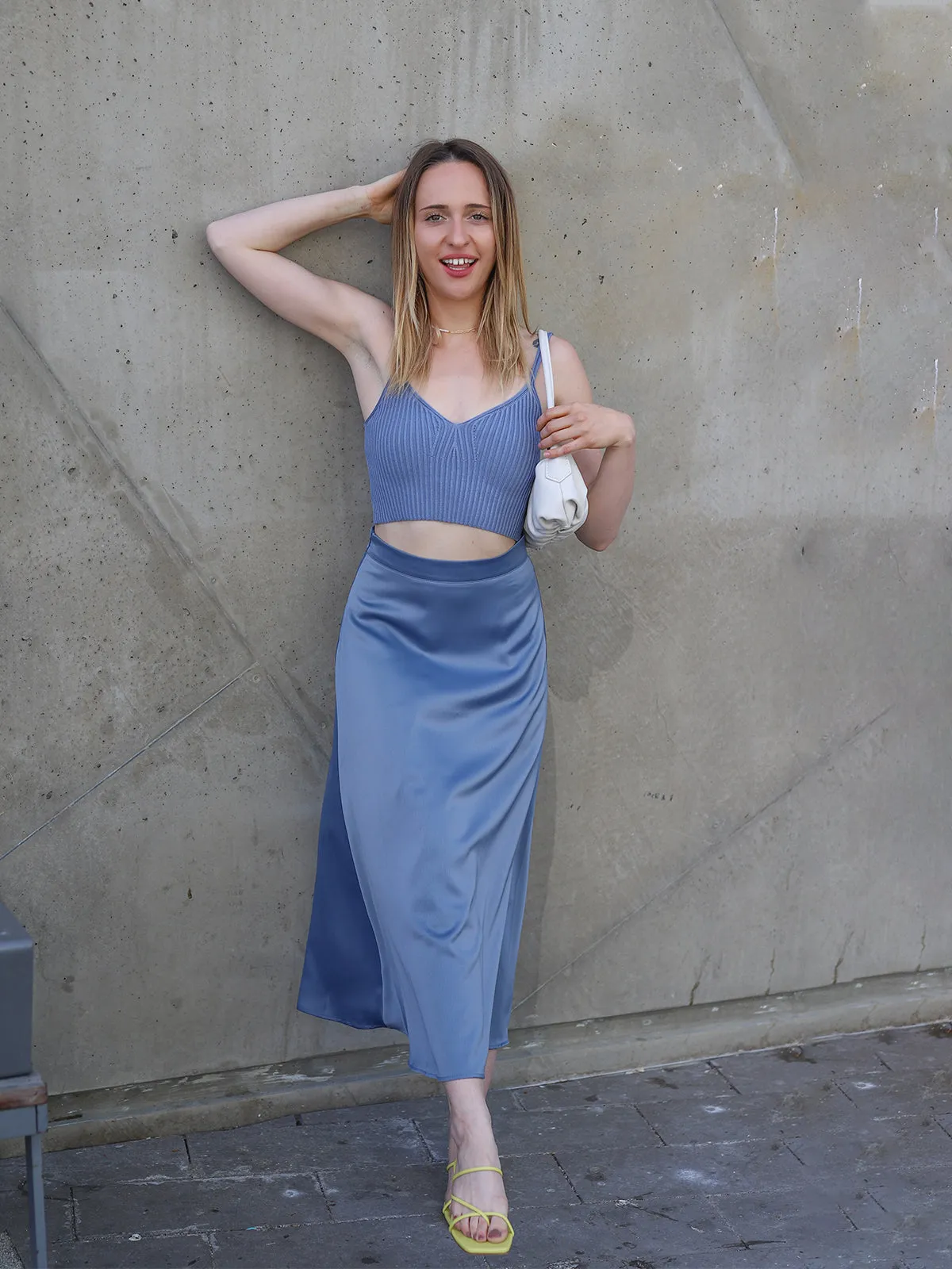 Satin High-Waist Midi Skirt - Blue