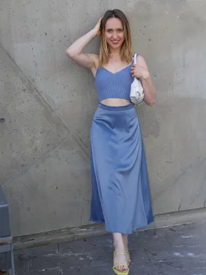 Satin High-Waist Midi Skirt - Blue