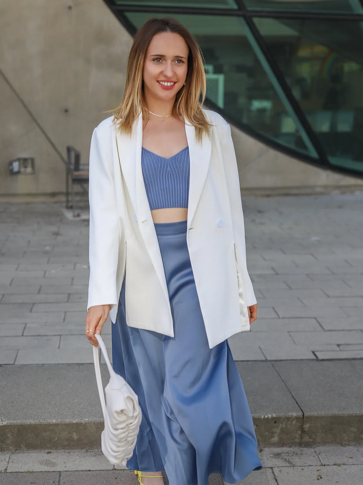 Satin High-Waist Midi Skirt - Blue