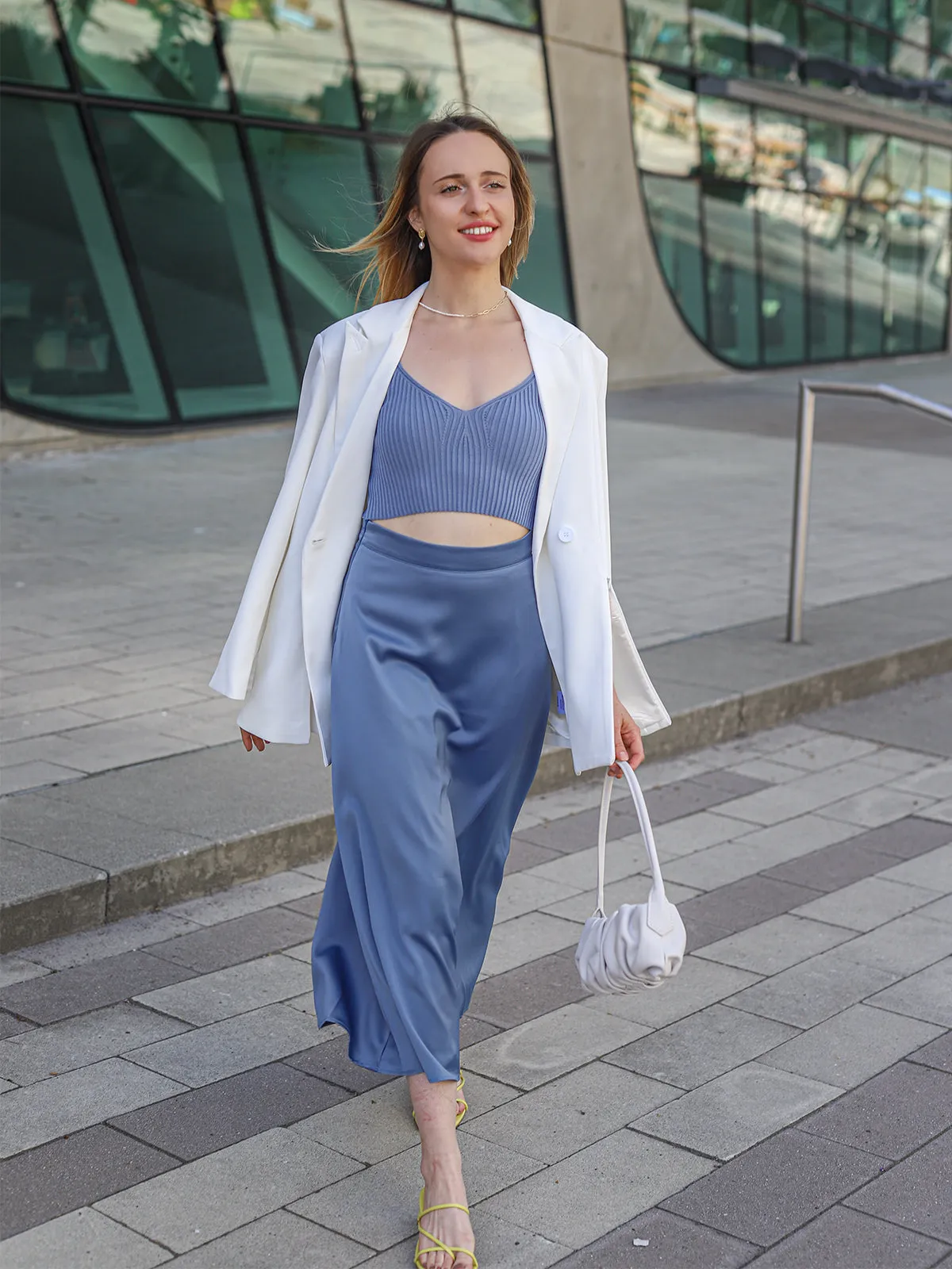 Satin High-Waist Midi Skirt - Blue
