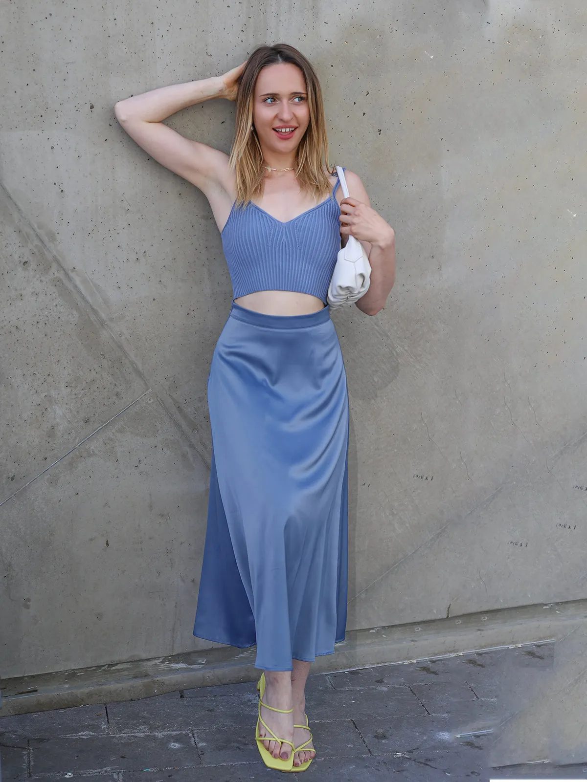 Satin High-Waist Midi Skirt - Blue
