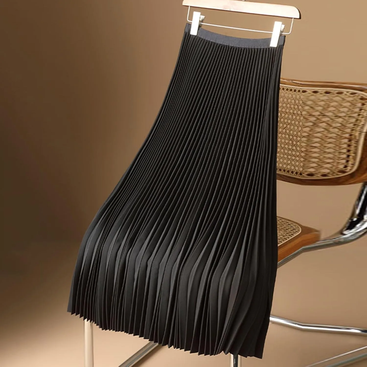Satin Pleated Skirts for Women High Waisted Elegant Dress Midi Length Flowy Skirt with Lightweight Elastic Waistband