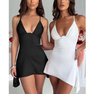 Sexy V-neck Strapless Solid Color Elegant Dress