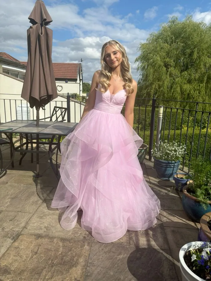 Shiny Pink Tulle Tiered A-line Prom Dress Straps Evening Gown