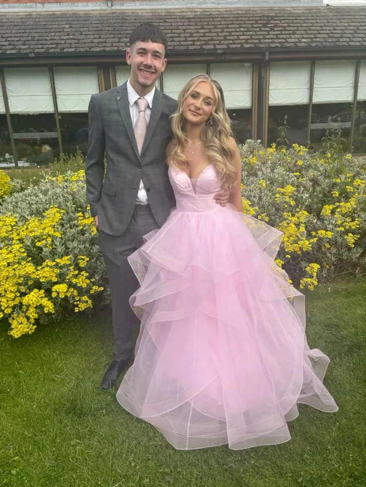 Shiny Pink Tulle Tiered A-line Prom Dress Straps Evening Gown