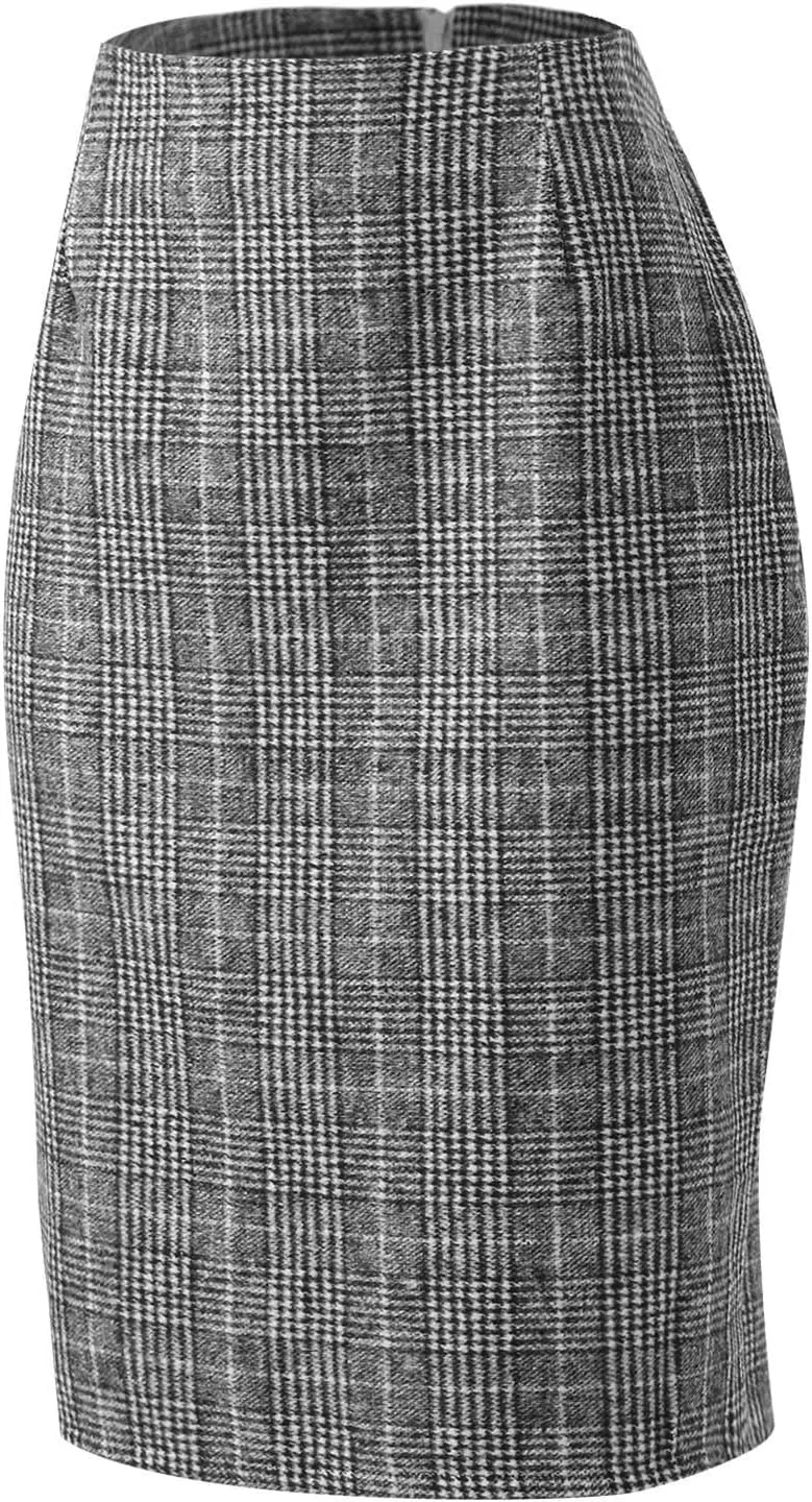 Skirts for Women Pencil Plaid Skirts Zip High Waisted Bodycon Knee Length Wool Midi Skirt