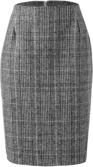 Skirts for Women Pencil Plaid Skirts Zip High Waisted Bodycon Knee Length Wool Midi Skirt