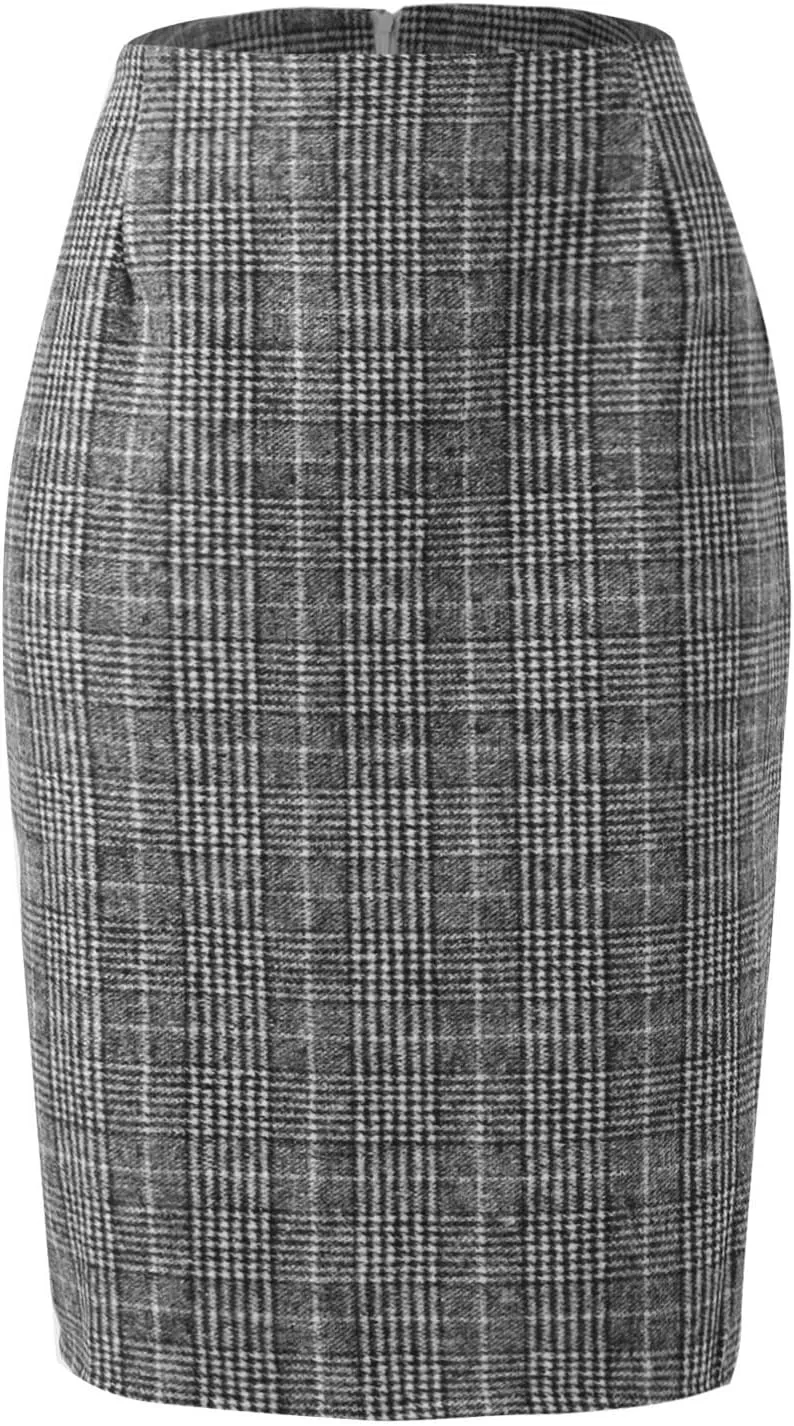 Skirts for Women Pencil Plaid Skirts Zip High Waisted Bodycon Knee Length Wool Midi Skirt