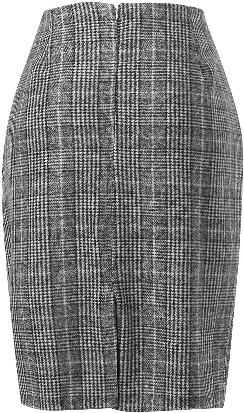Skirts for Women Pencil Plaid Skirts Zip High Waisted Bodycon Knee Length Wool Midi Skirt