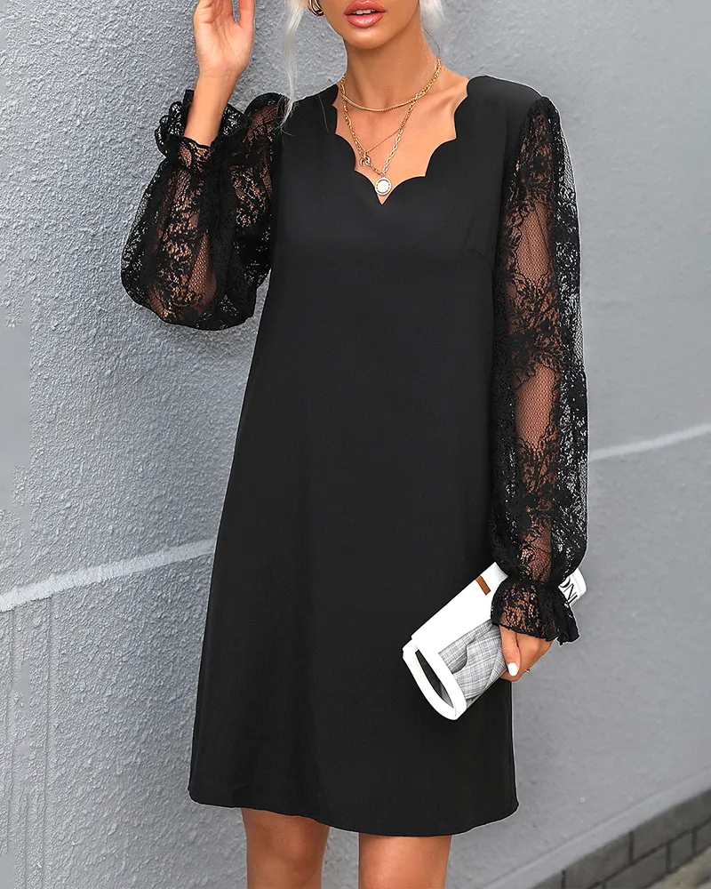 Solid color v neck lace sleeve dress