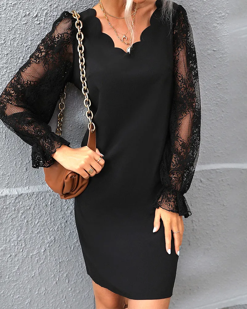 Solid color v neck lace sleeve dress