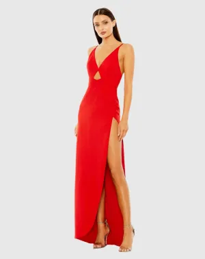 Thin strap cut-out high slit V neck gown - Red
