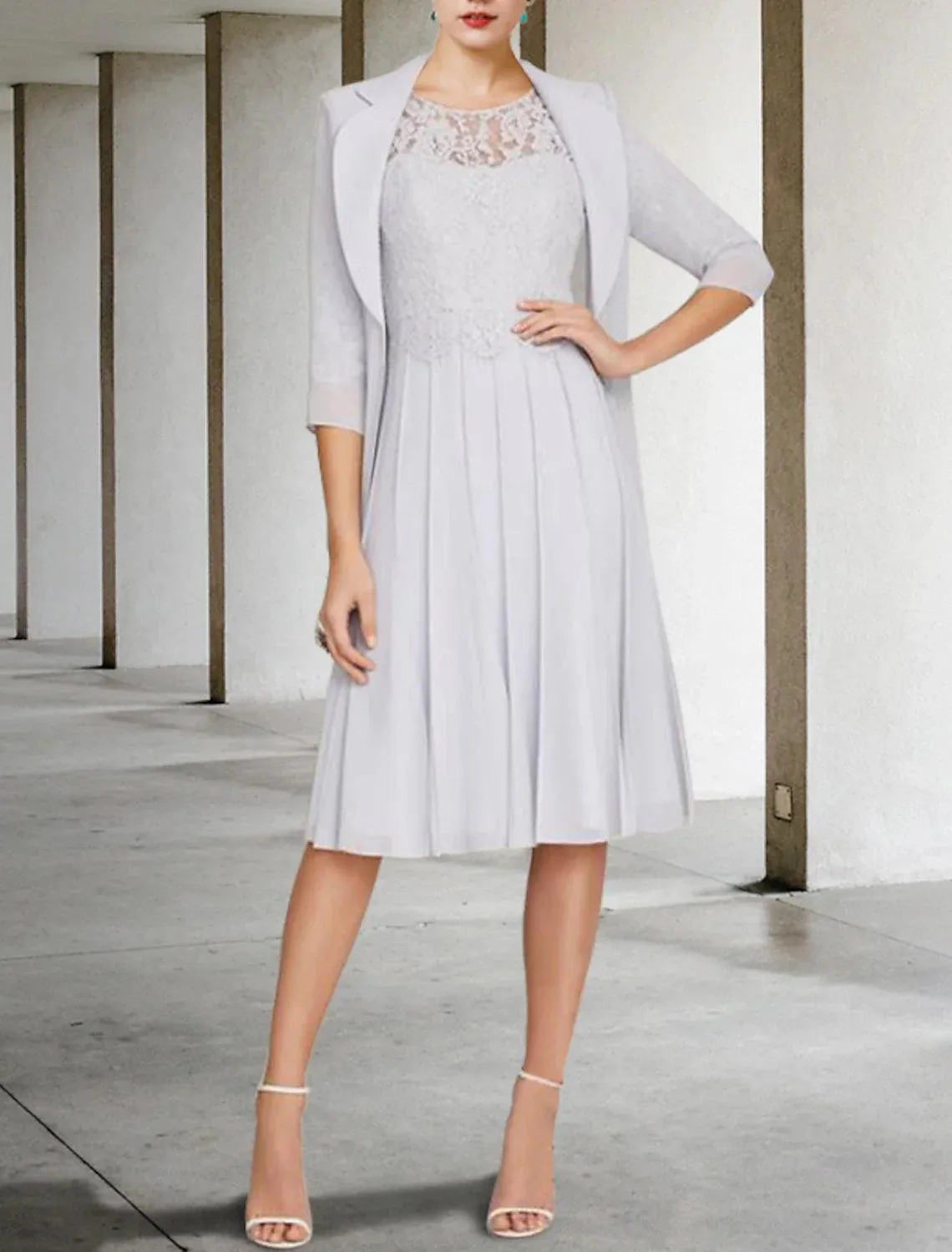 Two Piece A-Line Mother of the Bride Dress Church Elegant V Neck Knee Length Satin Lace Half Sleeve Jacket Dresses with Pleats