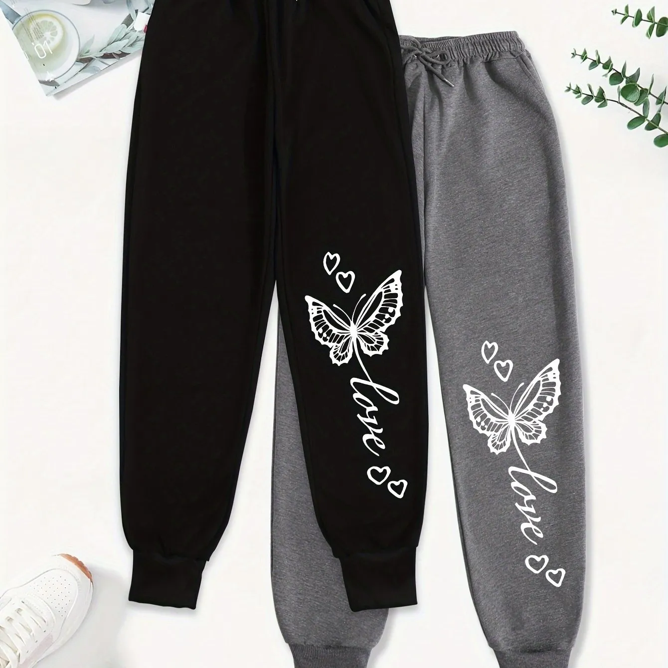 Women's 2pcs Cartoon Graphic Joggers - Casual Drawstring Waist, Comfy Polyester Sweatpants with Pockets