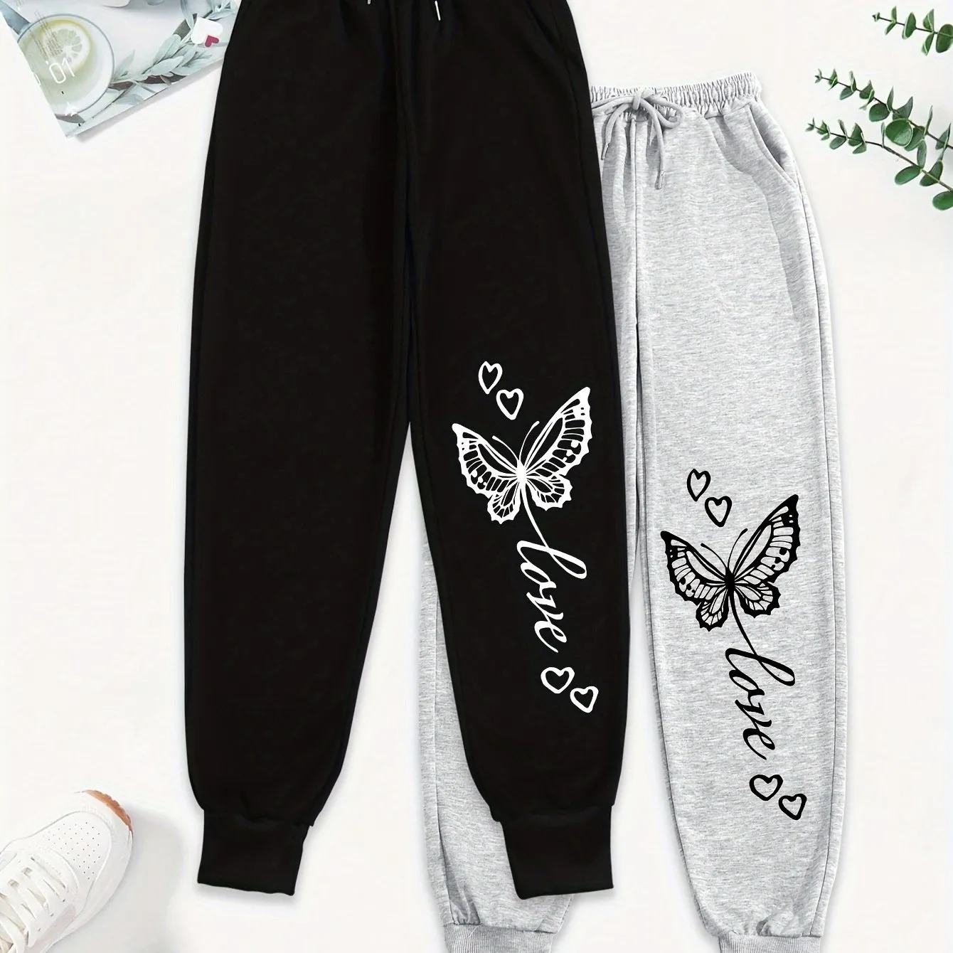 Women's 2pcs Cartoon Graphic Joggers - Casual Drawstring Waist, Comfy Polyester Sweatpants with Pockets
