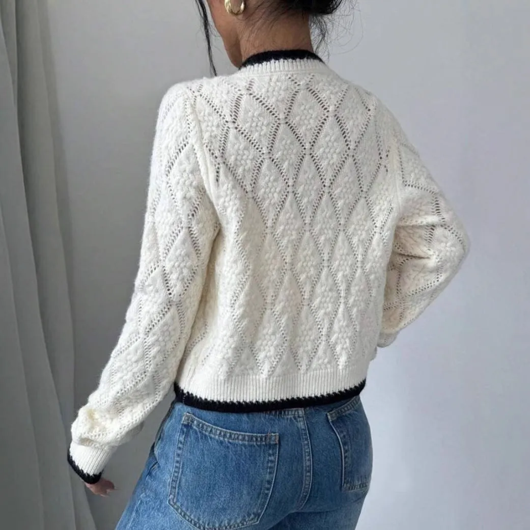 Womens Cardigan  Cropped Fit  Knit Fabric  Bow Tie Front  Contrast Trim