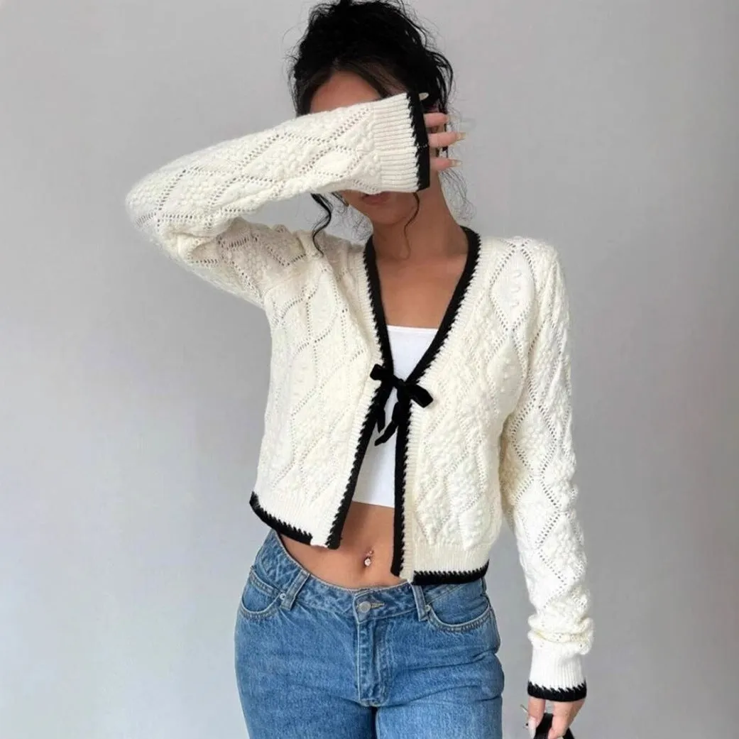 Womens Cardigan  Cropped Fit  Knit Fabric  Bow Tie Front  Contrast Trim