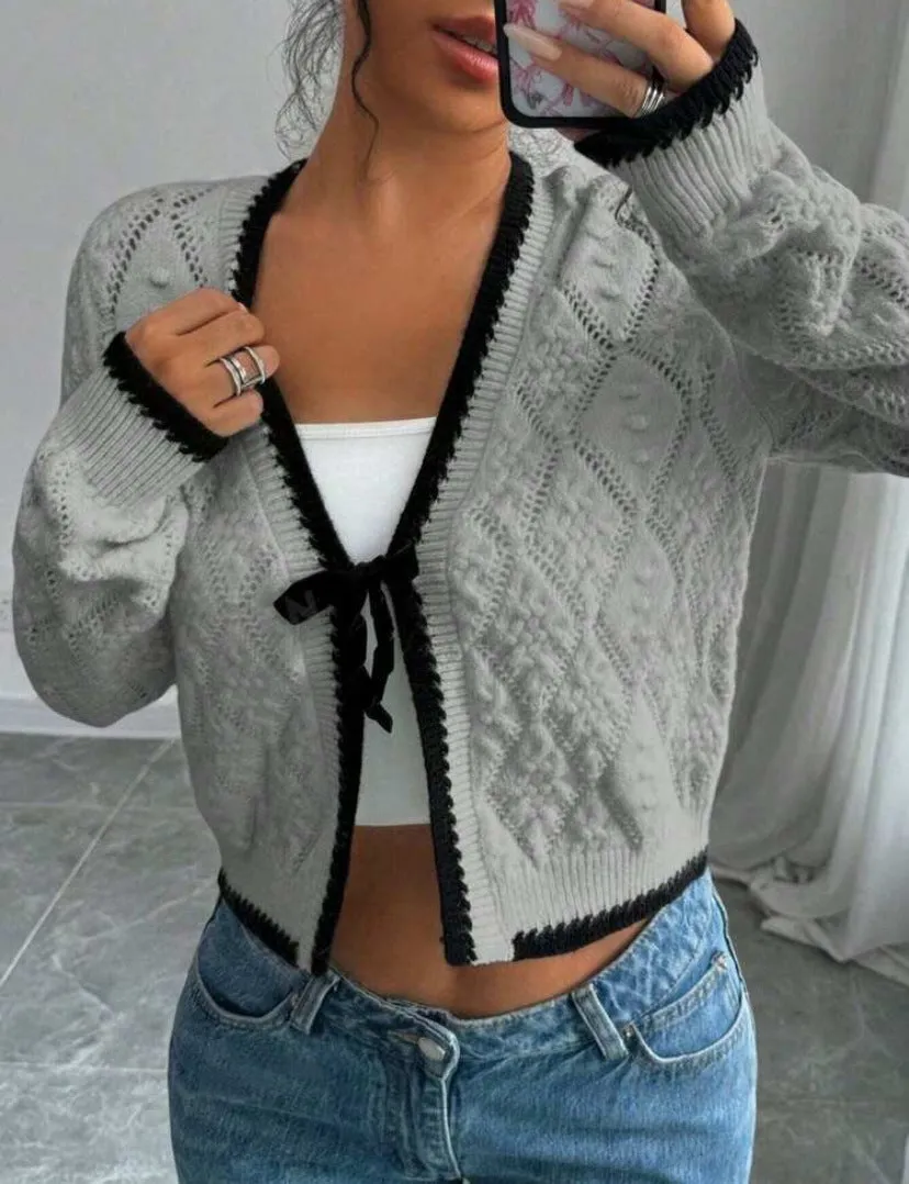 Womens Cardigan  Cropped Fit  Knit Fabric  Bow Tie Front  Contrast Trim