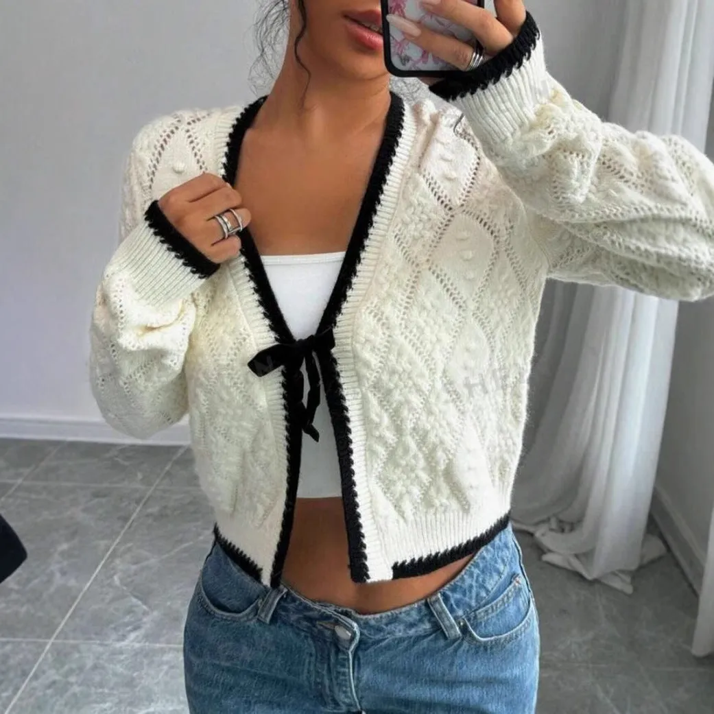 Womens Cardigan  Cropped Fit  Knit Fabric  Bow Tie Front  Contrast Trim