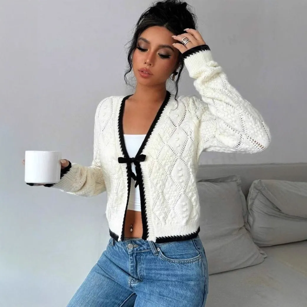 Womens Cardigan  Cropped Fit  Knit Fabric  Bow Tie Front  Contrast Trim