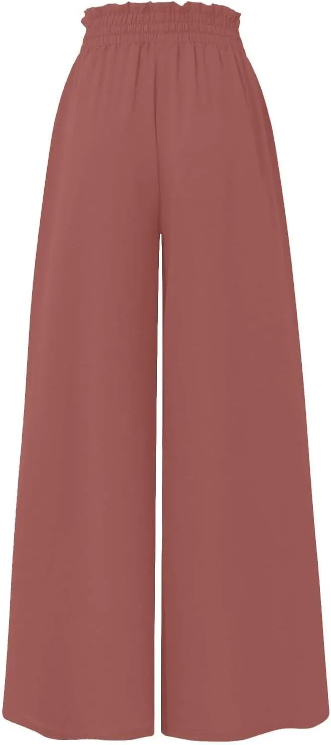 Womens Casual Pants Wide Leg Elastic Waisted Chiffon Baggy Flowy Long Lounge Trousers Beach Vacation Pant with Pockets