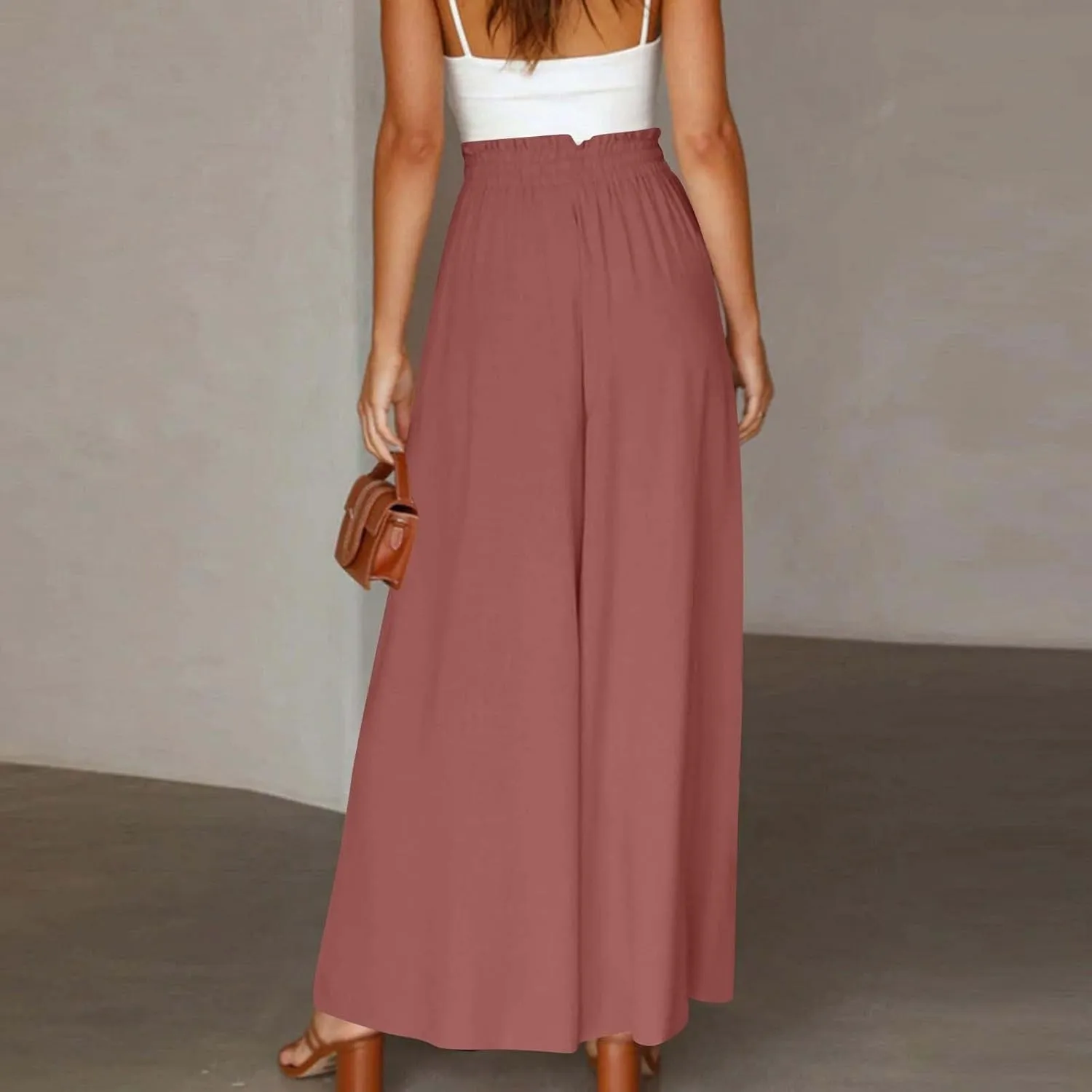 Womens Casual Pants Wide Leg Elastic Waisted Chiffon Baggy Flowy Long Lounge Trousers Beach Vacation Pant with Pockets