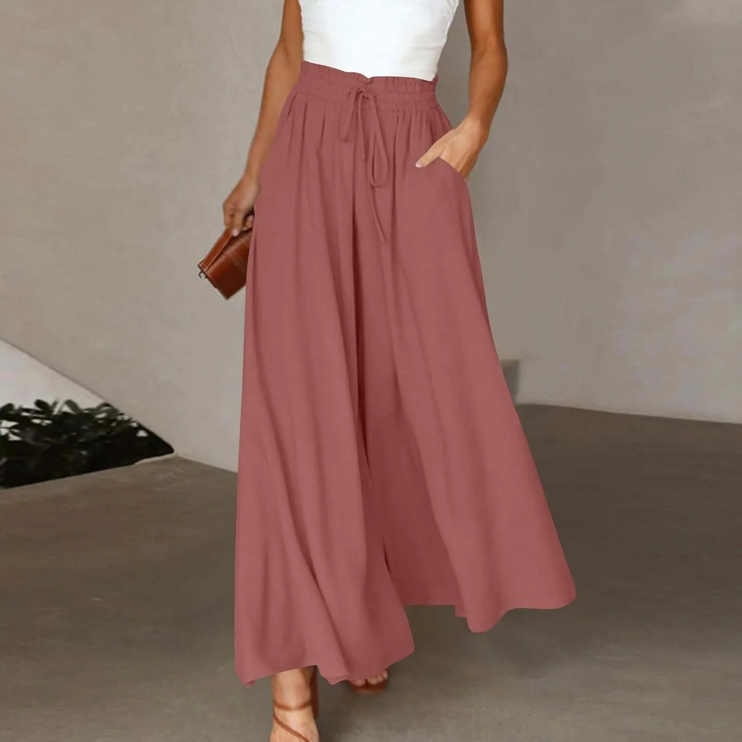 Womens Casual Pants Wide Leg Elastic Waisted Chiffon Baggy Flowy Long Lounge Trousers Beach Vacation Pant with Pockets