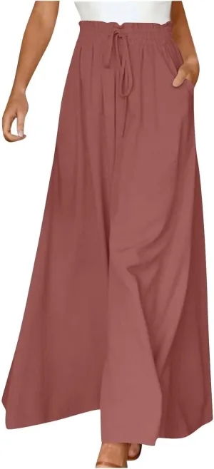 Womens Casual Pants Wide Leg Elastic Waisted Chiffon Baggy Flowy Long Lounge Trousers Beach Vacation Pant with Pockets