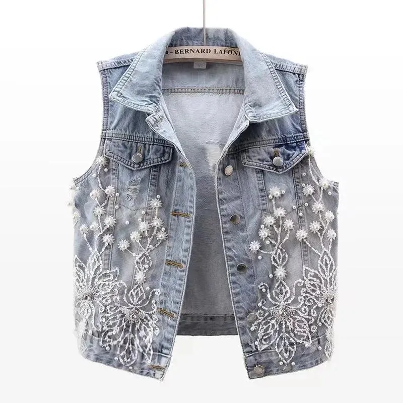 Women’s Lace Beaded Denim Vest – Vintage-Inspired Sleeveless Waistcoat