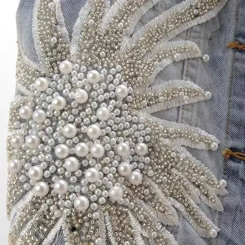 Women’s Lace Beaded Denim Vest – Vintage-Inspired Sleeveless Waistcoat