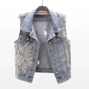 Women’s Lace Beaded Denim Vest – Vintage-Inspired Sleeveless Waistcoat