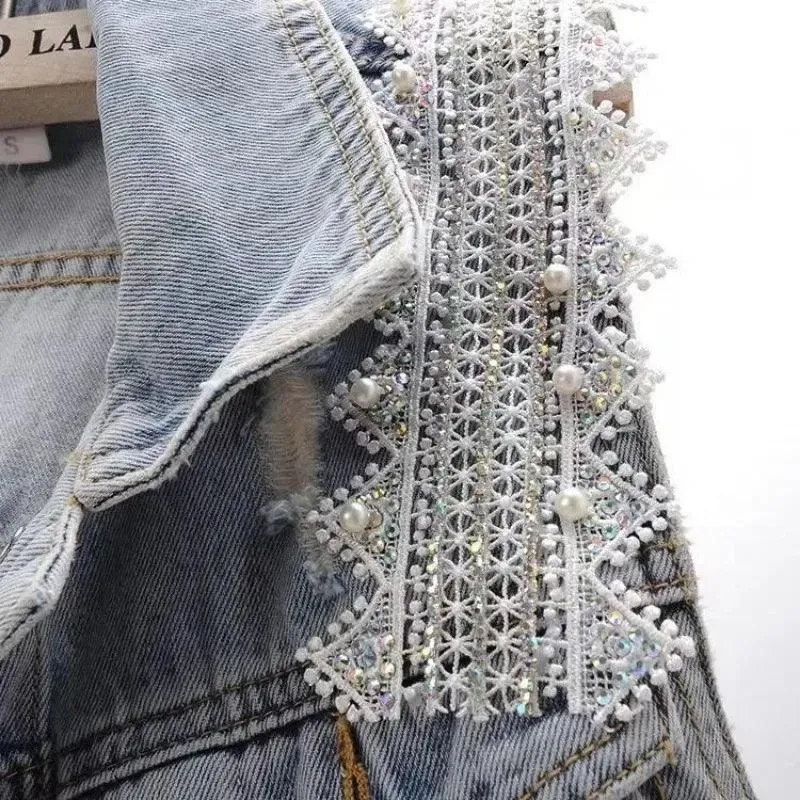 Women’s Lace Beaded Denim Vest – Vintage-Inspired Sleeveless Waistcoat