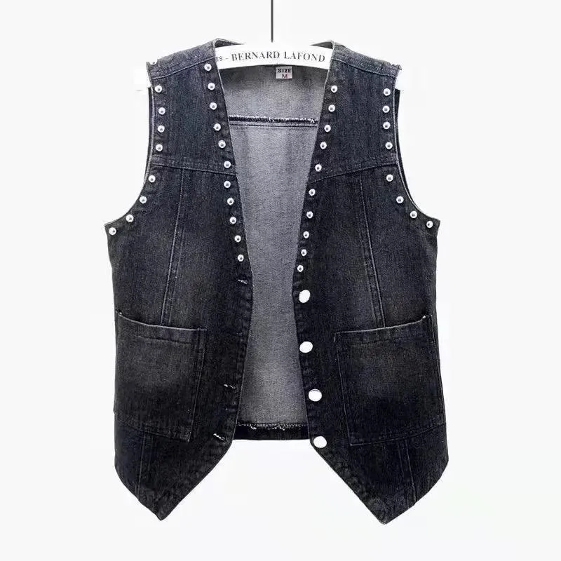 Women’s Lace Beaded Denim Vest – Vintage-Inspired Sleeveless Waistcoat