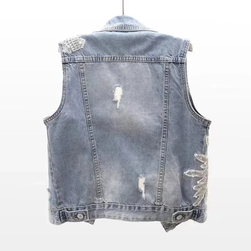 Women’s Lace Beaded Denim Vest – Vintage-Inspired Sleeveless Waistcoat