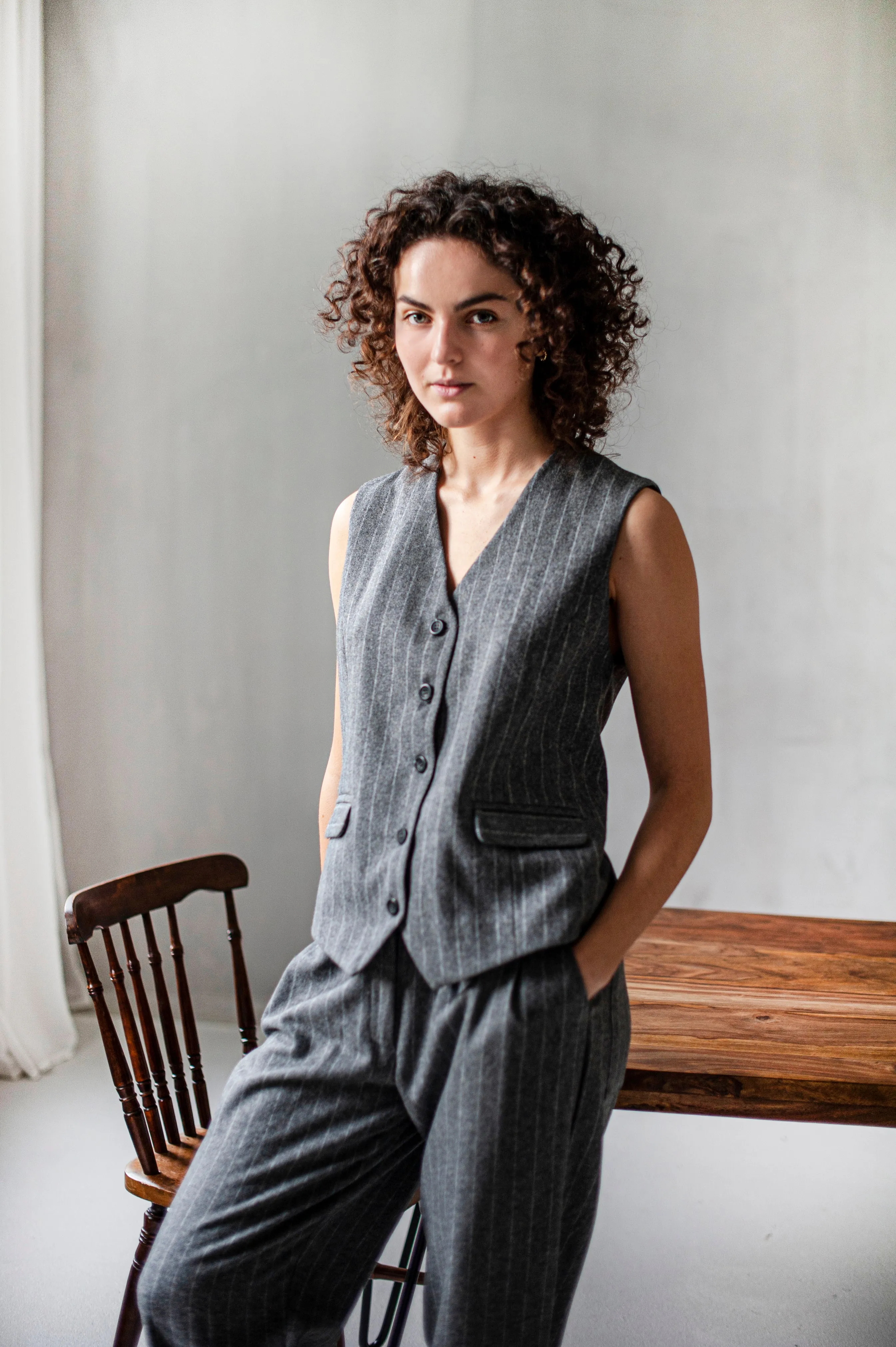 Women's masculine style tapered wool pants with front pleats