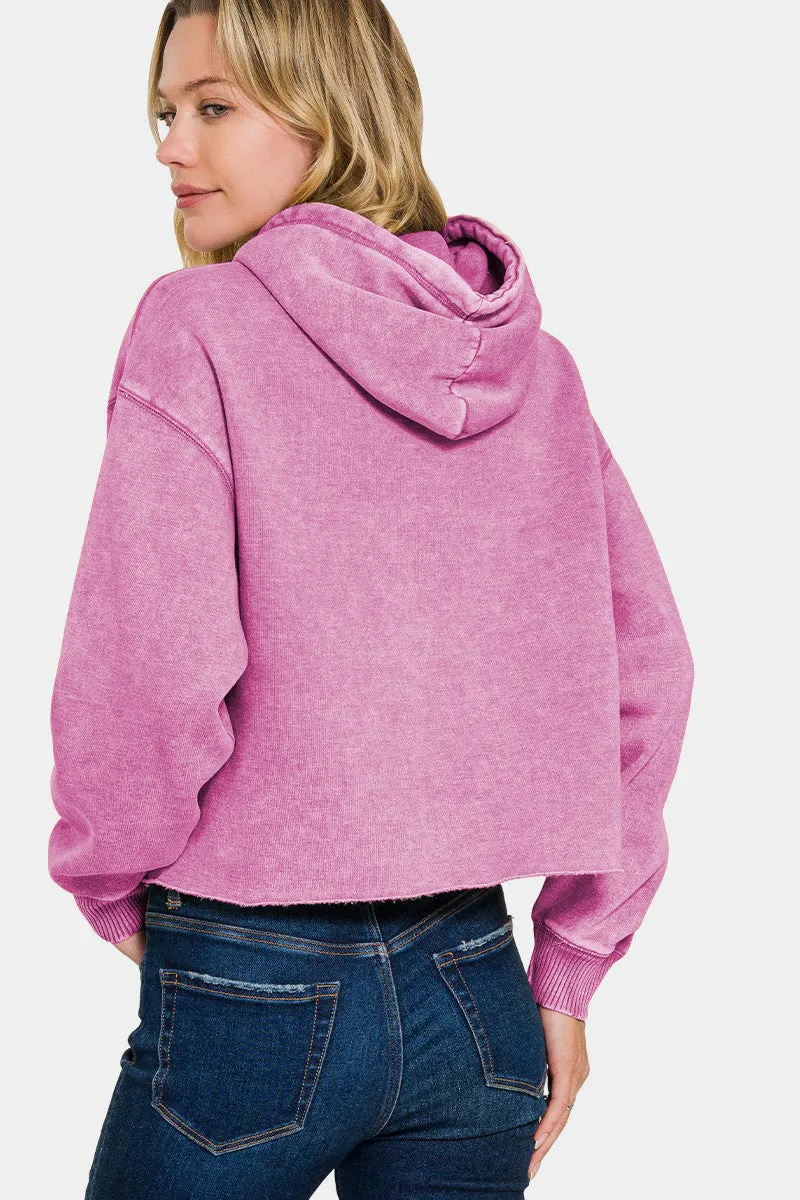 Zenana Acid Wash Fleece Cropped Hoodie in Pink