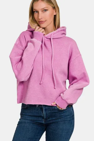 Zenana Acid Wash Fleece Cropped Hoodie in Pink