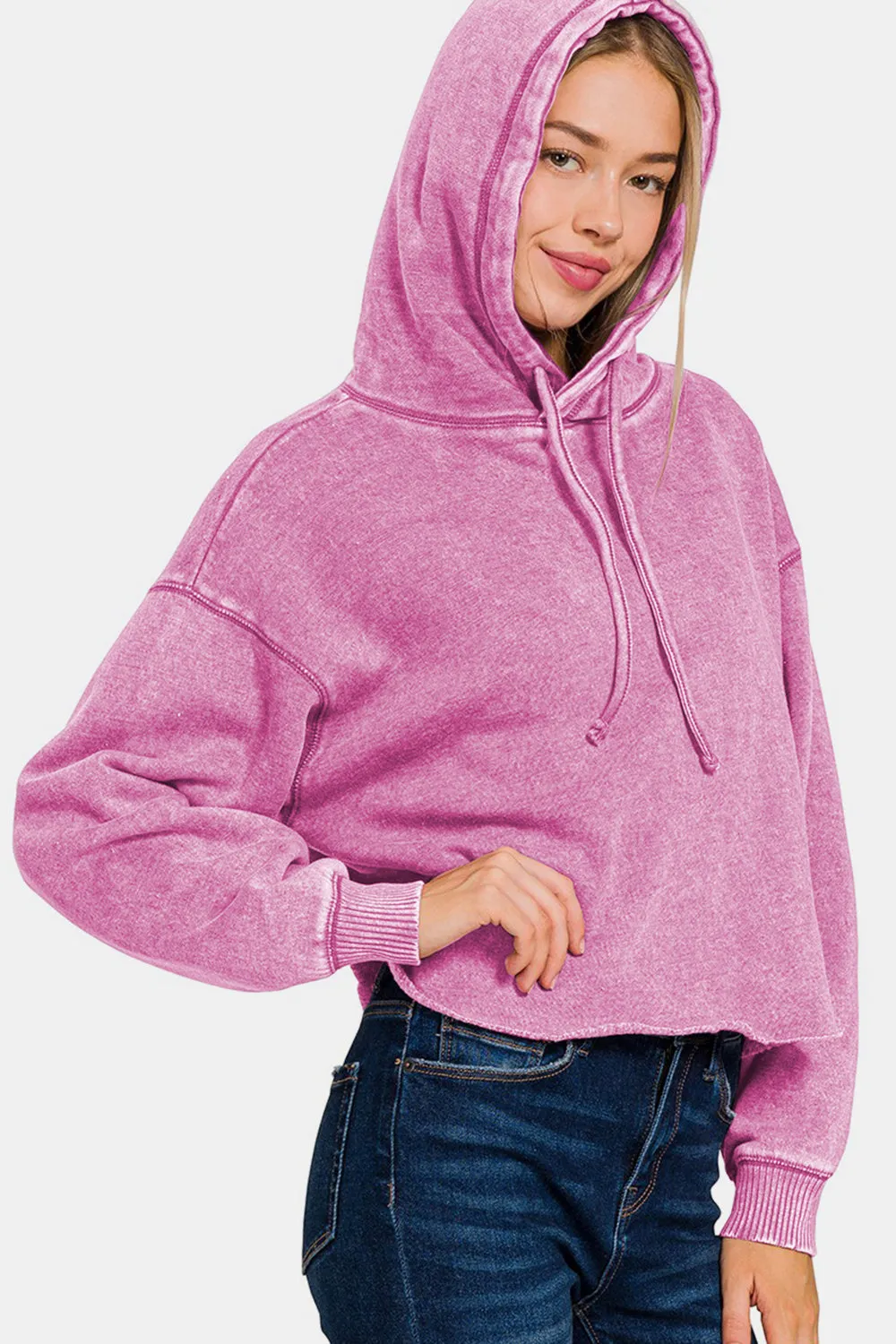 Zenana Acid Wash Fleece Cropped Hoodie in Pink